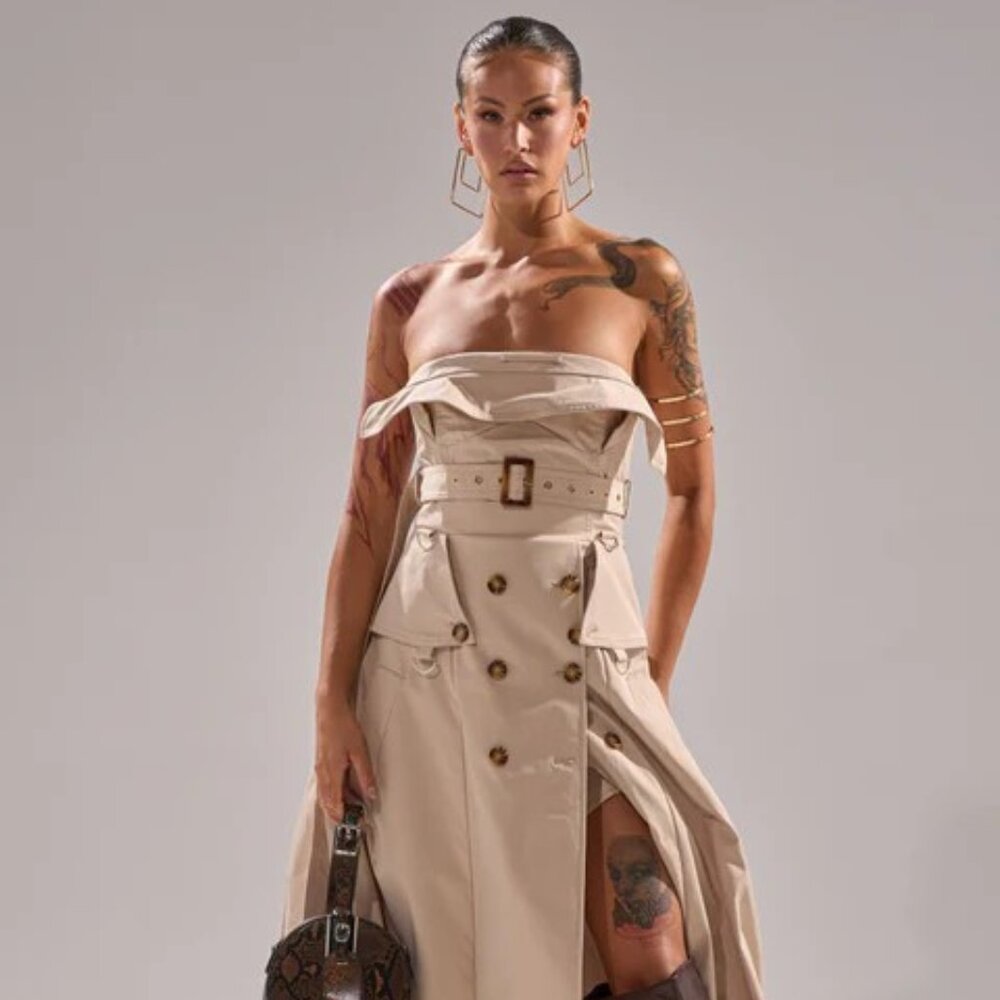 AKIRA STRAPLESS TRENCH MAXI DRESS Size SS